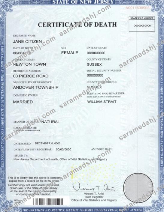 USA state New Jersey death certificate template in PSD format
